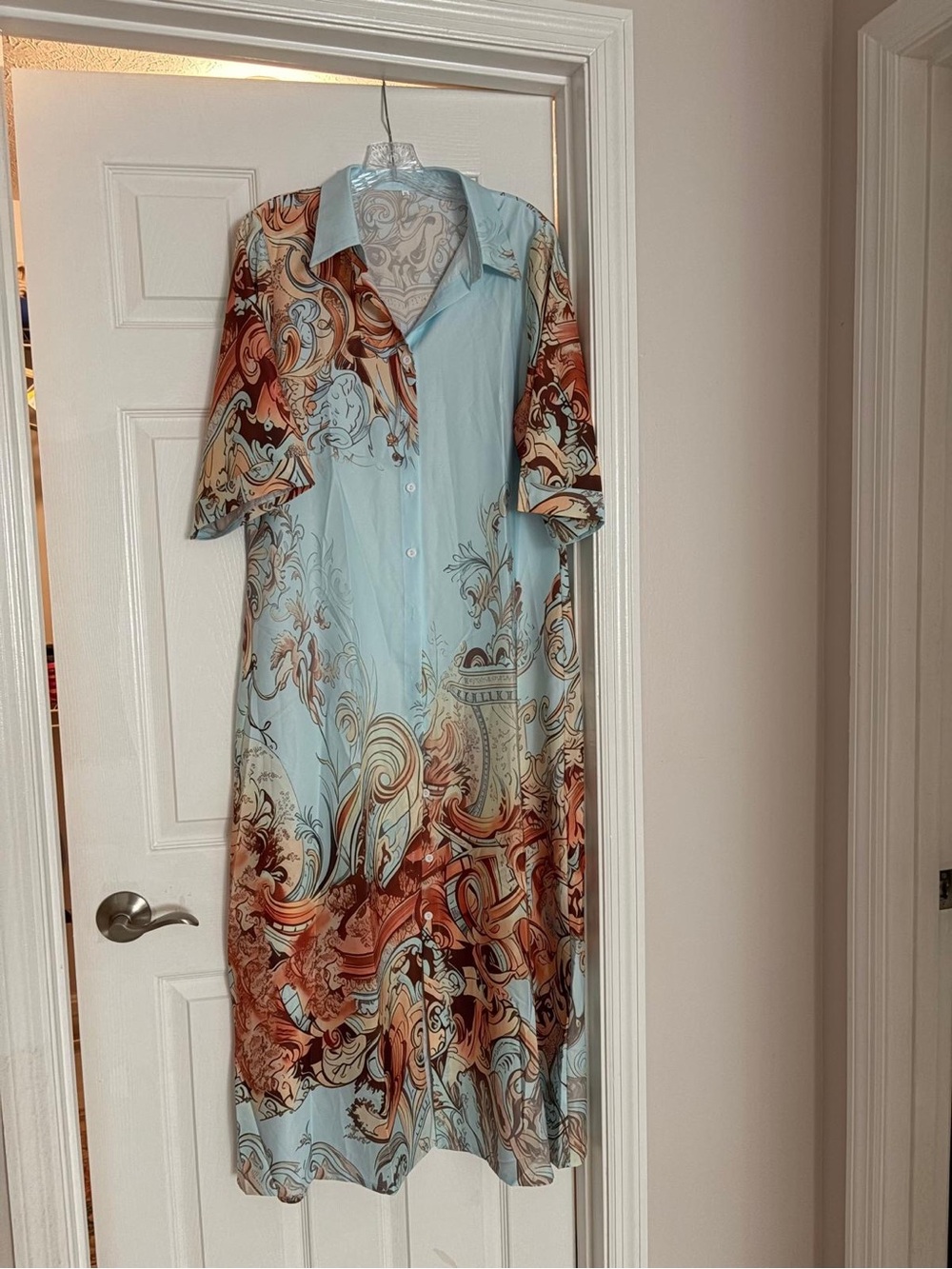 Light Blue and Rust Patterned Button-Front Women's Dress